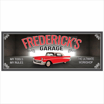 Personalized classic car garage sign with the phrase 'My Rules, My Tools,' featuring editable tex
