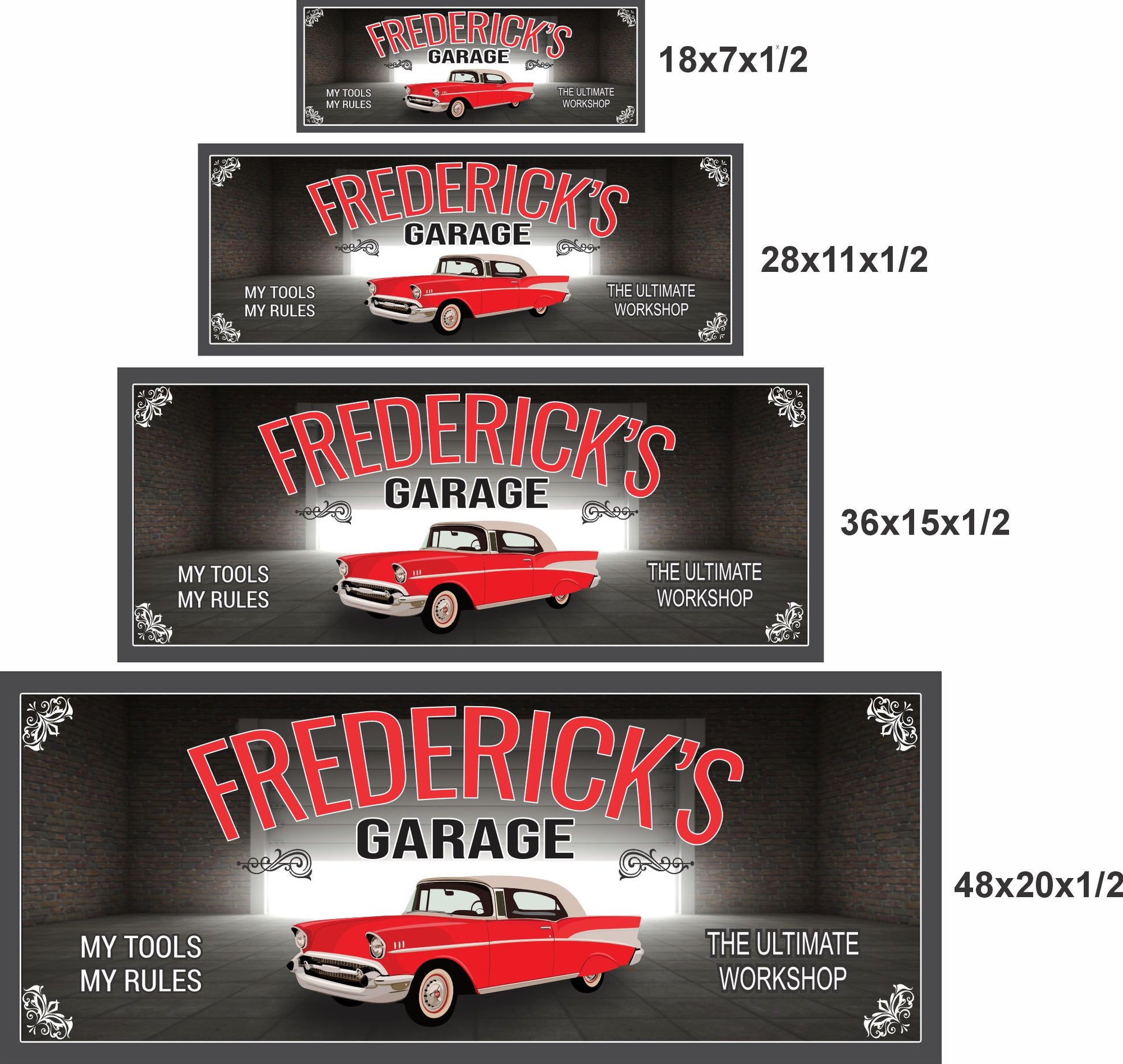 Classic car garage sign showing four available sizes for wall display