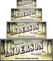 Personalized "Welcome to Our Cabin" sign with editable text, featuring a forest and deer background. Perfect for adding a personal touch to your cabin decor.