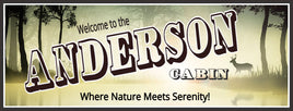 Personalized "Welcome to Our Cabin" sign with editable text, featuring a forest and deer background. Perfect for adding a personal touch to your cabin decor.
