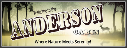 Personalized "Welcome to Our Cabin" sign with editable text, featuring a forest and deer background. Perfect for adding a personal touch to your cabin decor.
