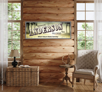Personalized "Welcome to Our Cabin" sign with editable text, featuring a forest and deer background. Perfect for adding a personal touch to your cabin decor.