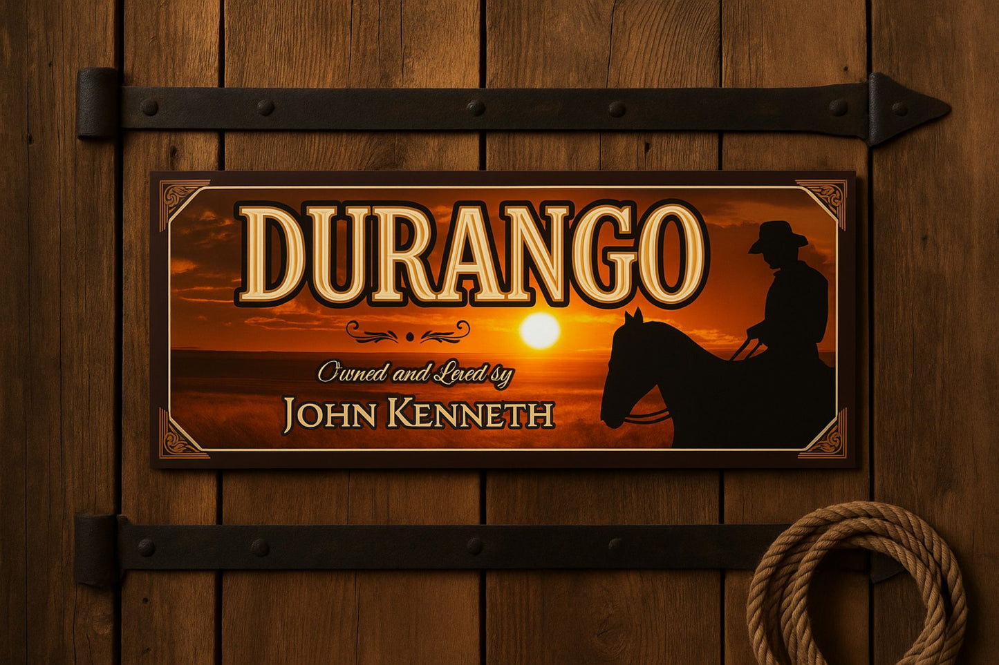 Personalized horse stall sign displayed on wooden barn wall in stable setting