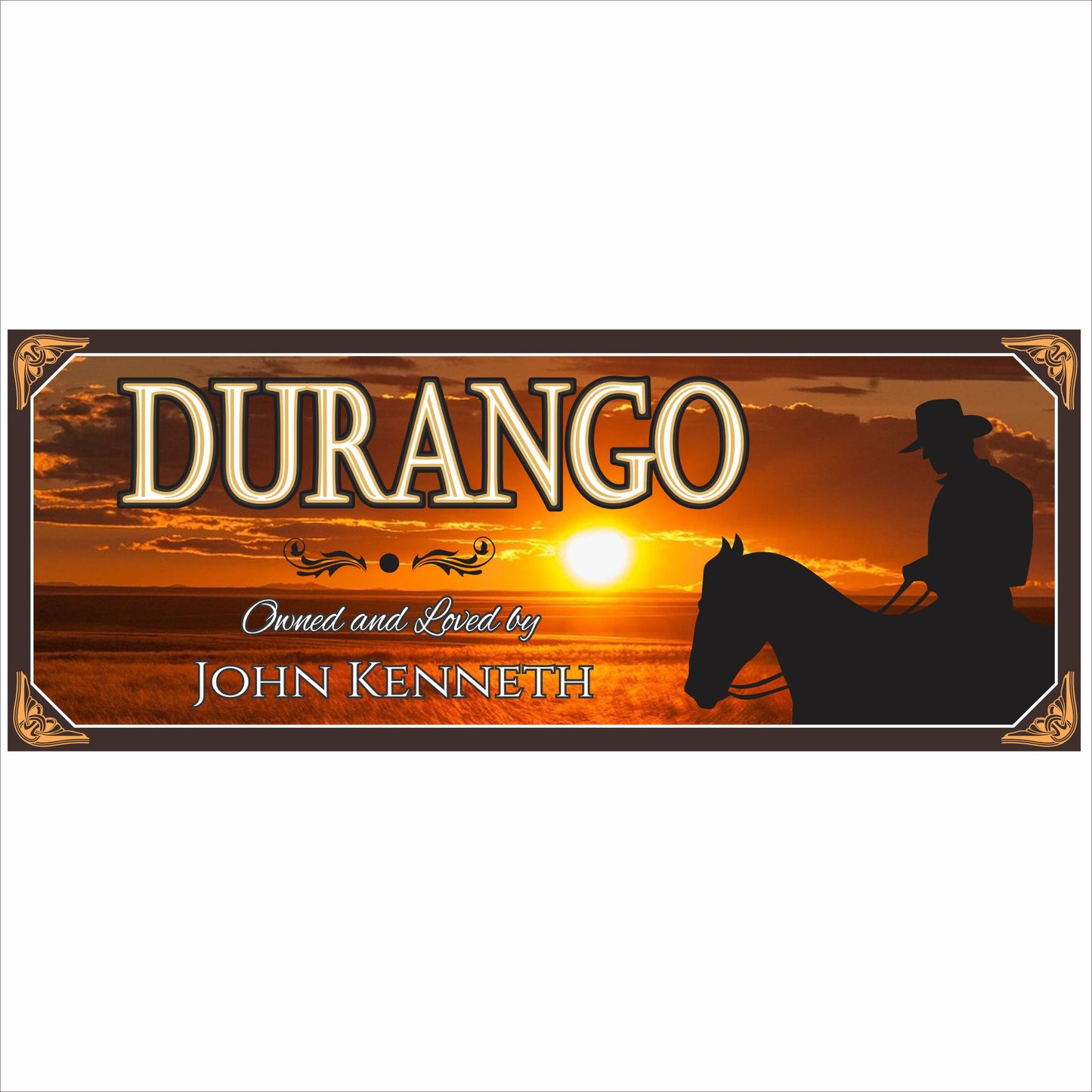 Personalized horse stall name sign with western sunset and rider silhouette printed on rigid PVC