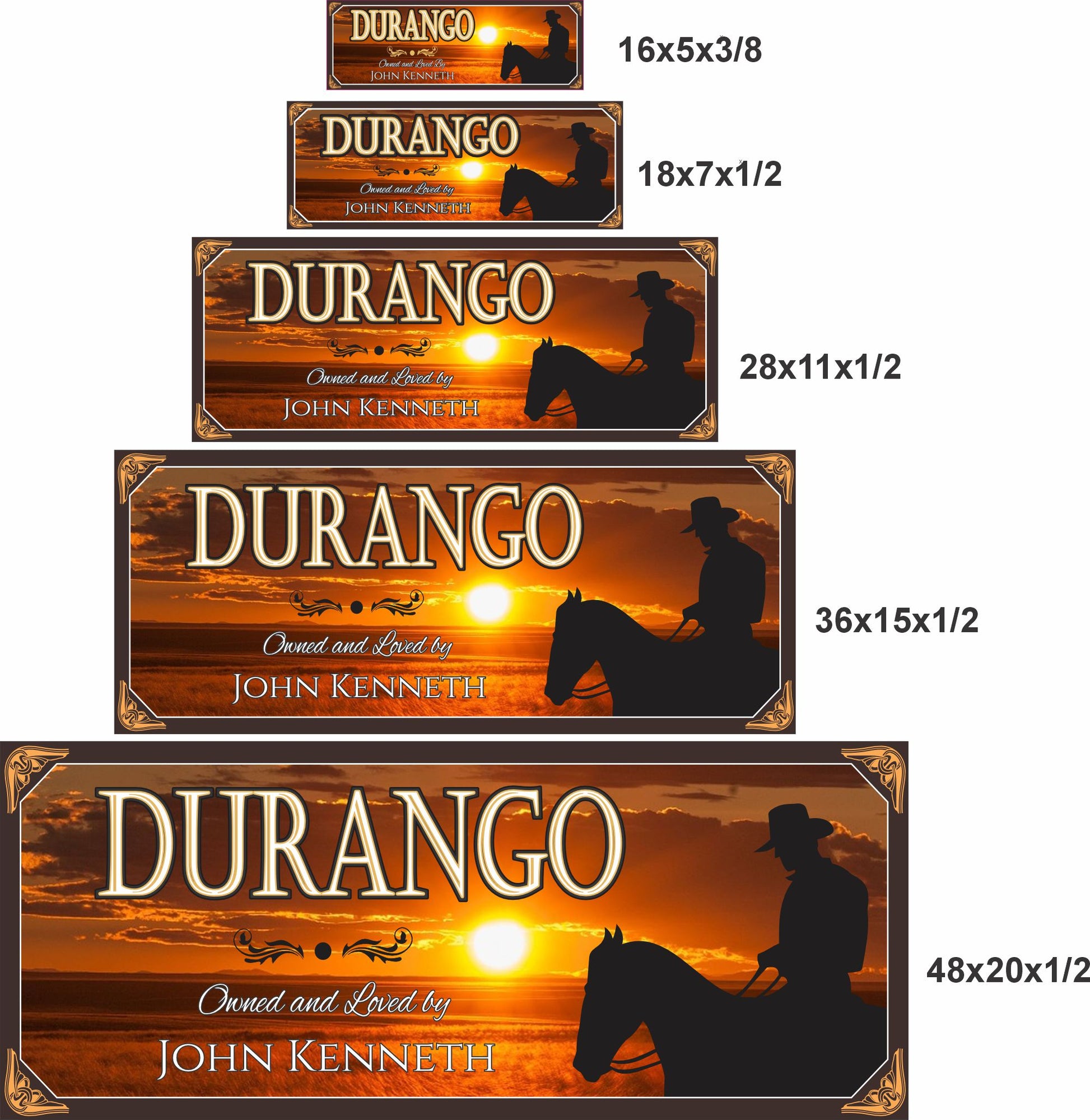 Personalized horse stall sign shown in five available sizes from 16x5 to 48x20 inches