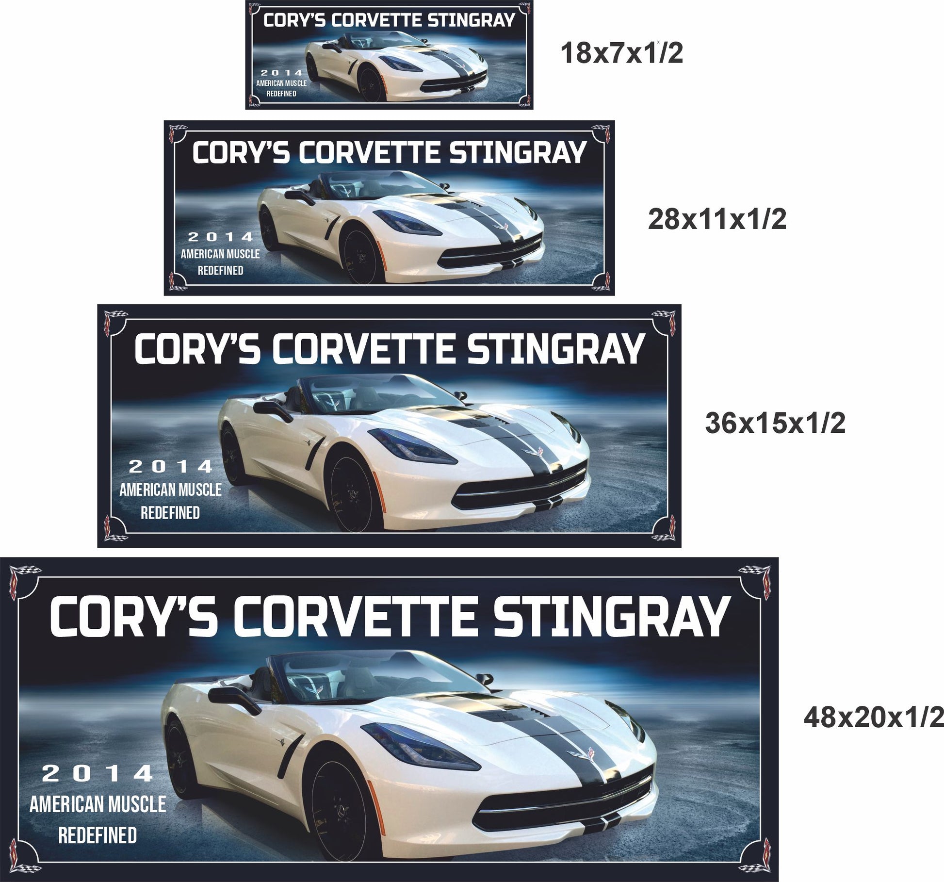 Personalized sports car garage sign showing four available size options