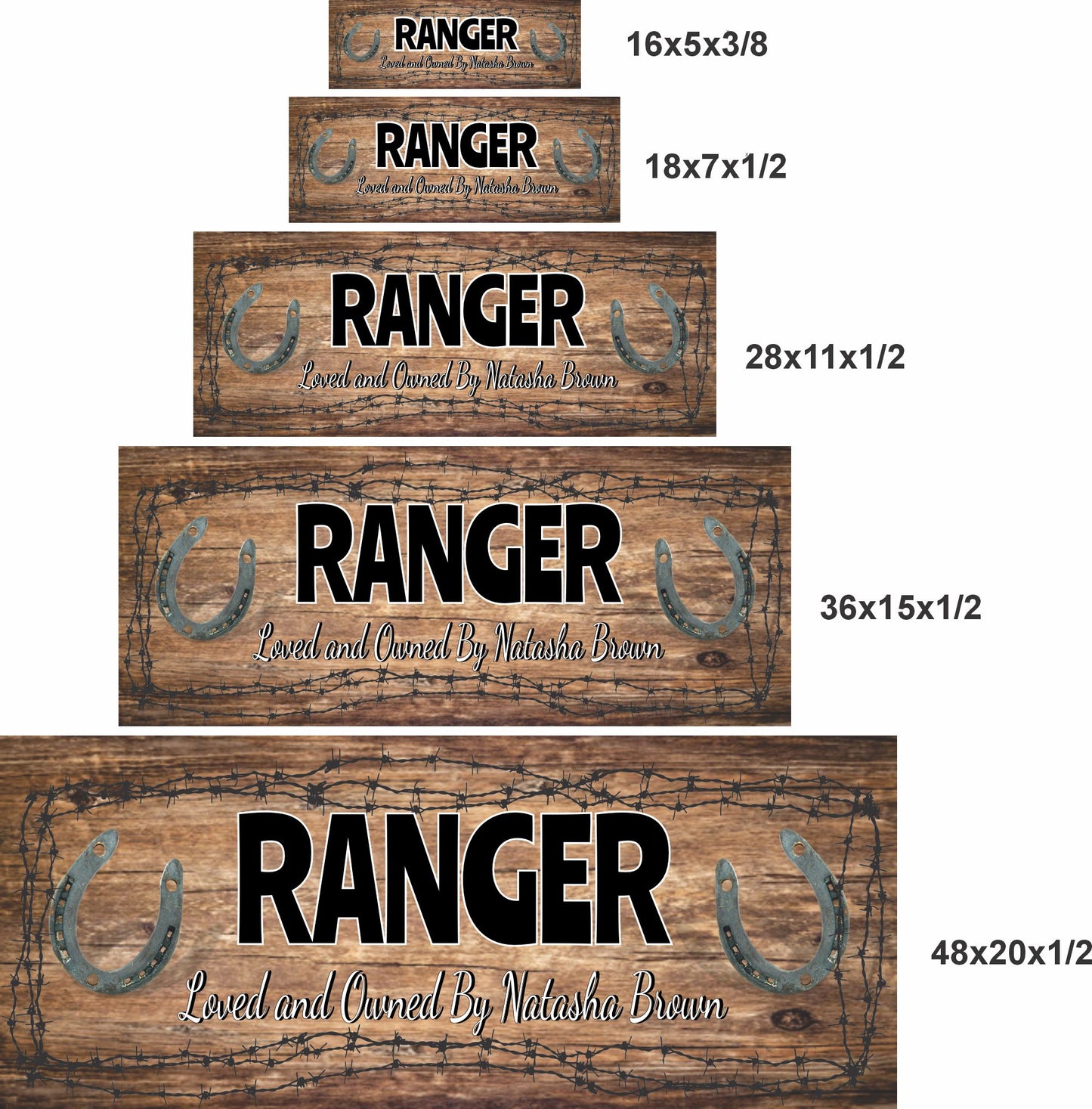 Horse stall sign shown in five available sizes stacked together
