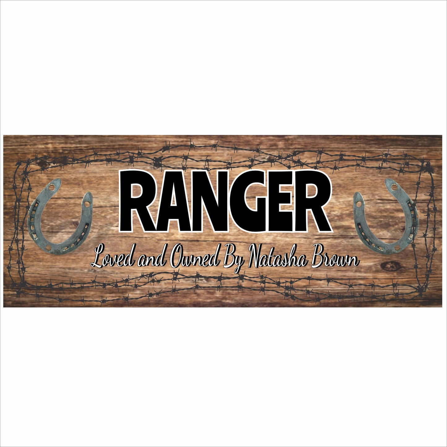 Personalized horse stall sign with rustic wood design and horseshoes
