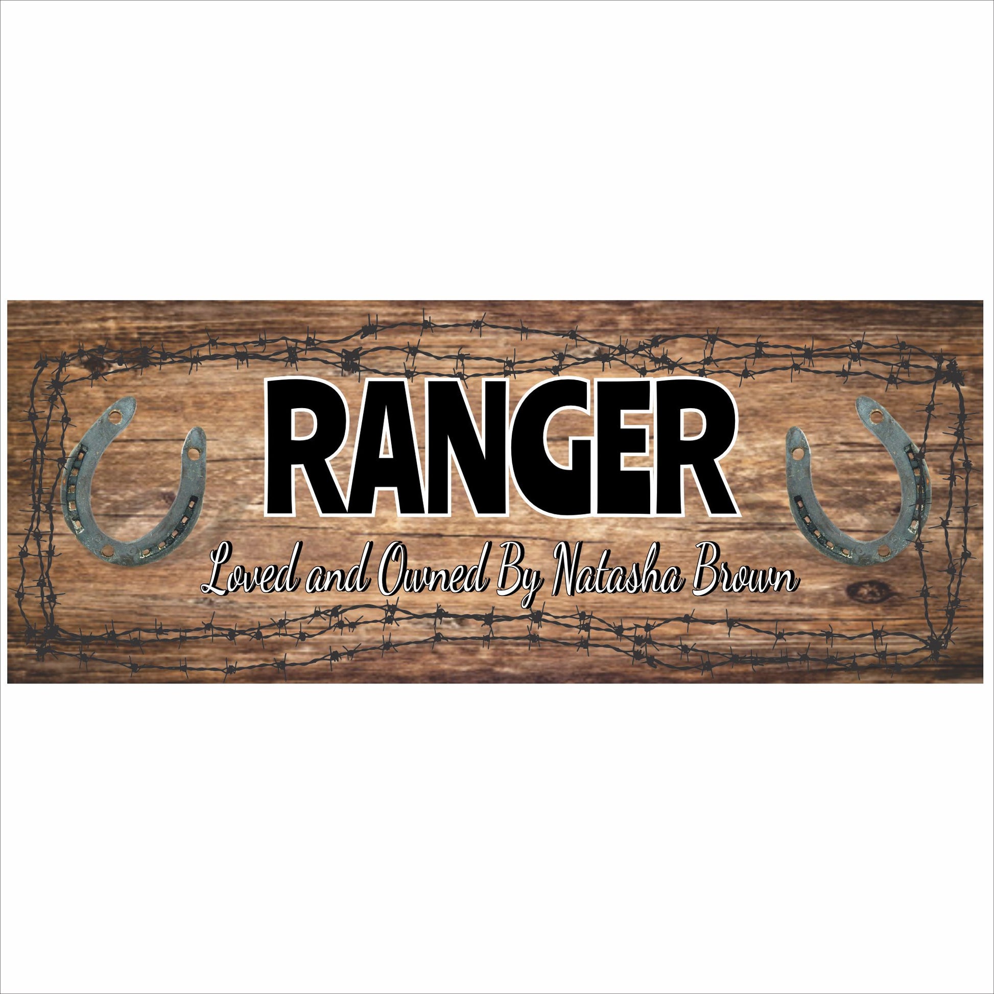 Personalized horse stall sign with rustic wood design and horseshoes