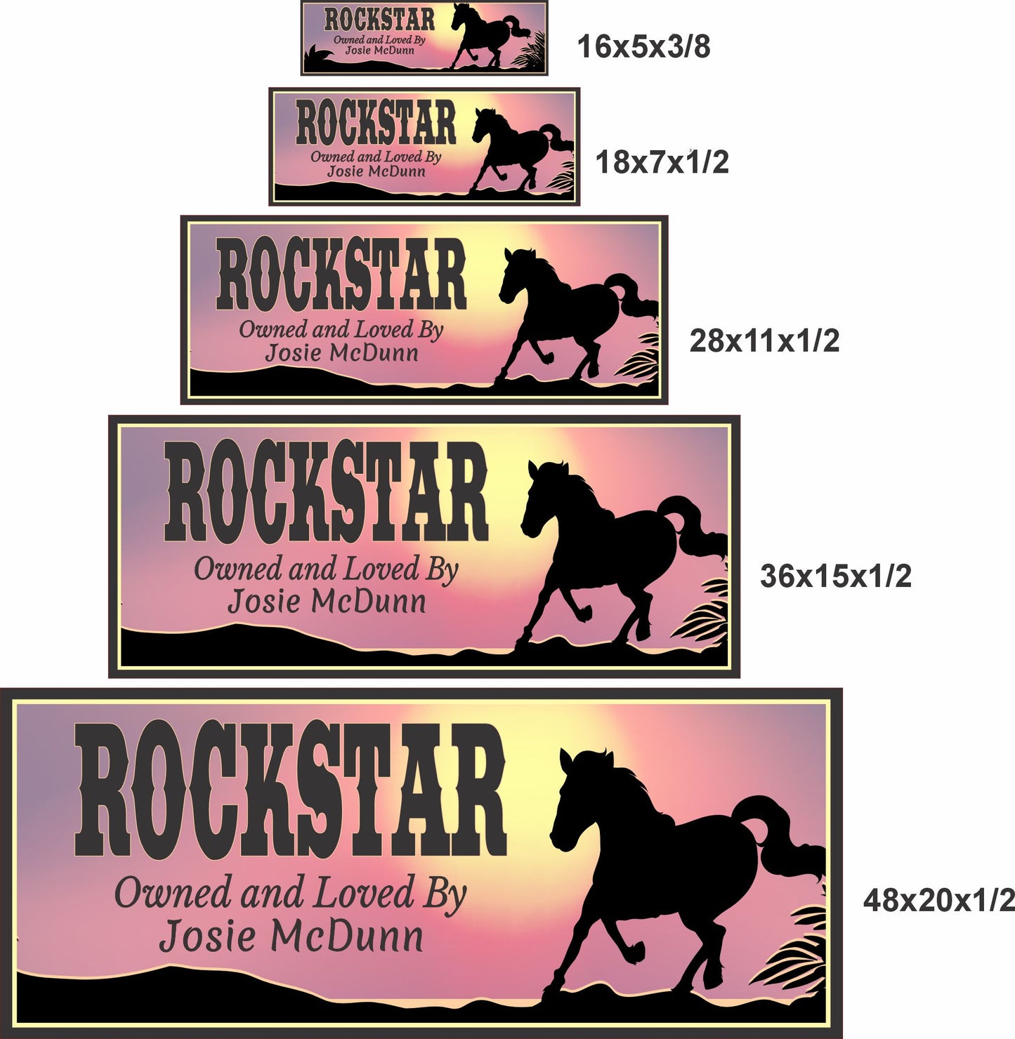 Horse stall sign shown in five available sizes stacked together