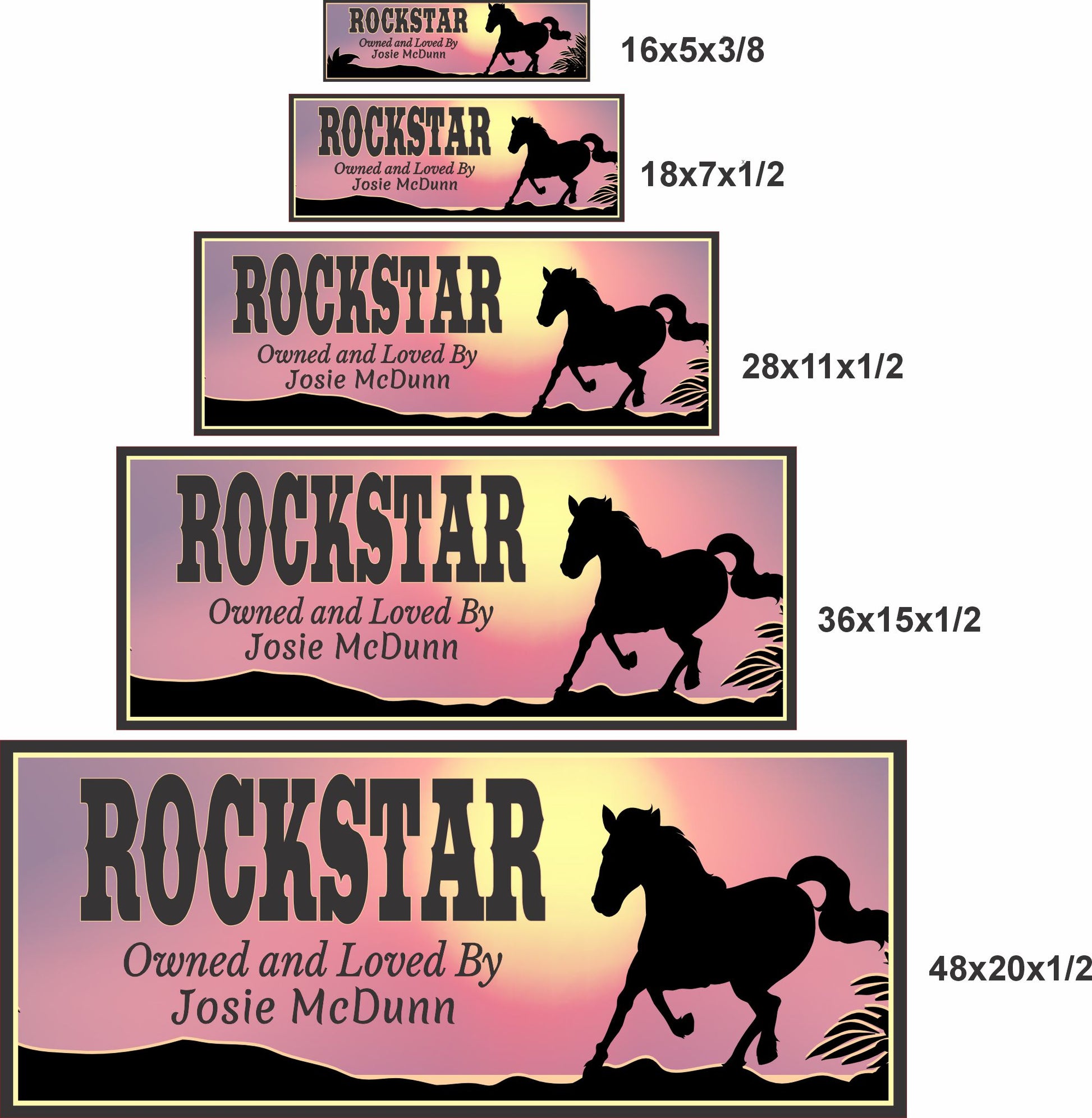 Horse stall sign shown in five available sizes stacked together