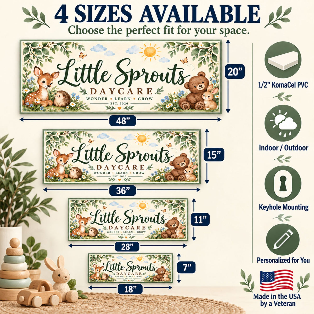 Daycare sign size guide showing 18×7, 28×11, 36×15, and 48×20 inches with material and mounting details.