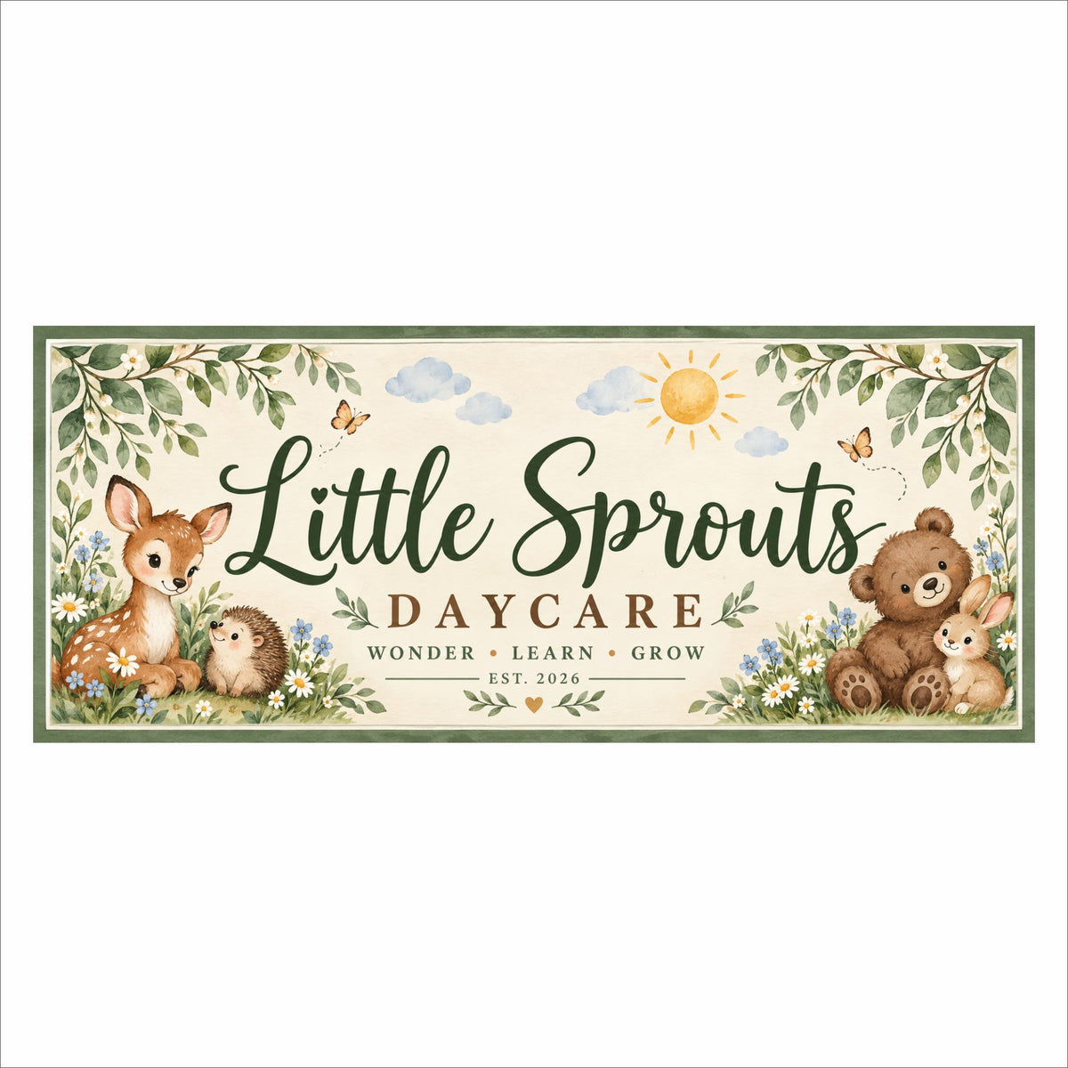 Custom daycare sign with personalized lettering, forest animals, sage greenery, flowers, and a cream background.