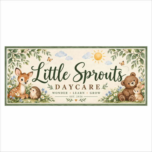 Custom daycare sign with personalized lettering, forest animals, sage greenery, flowers, and a cream background.