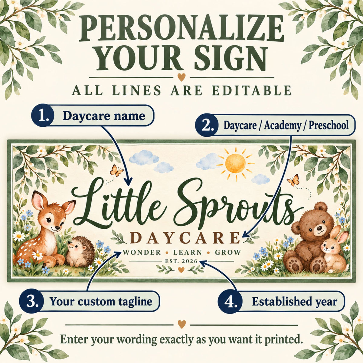 Personalization guide showing four editable lines: business name, daycare designation, tagline, and established year.