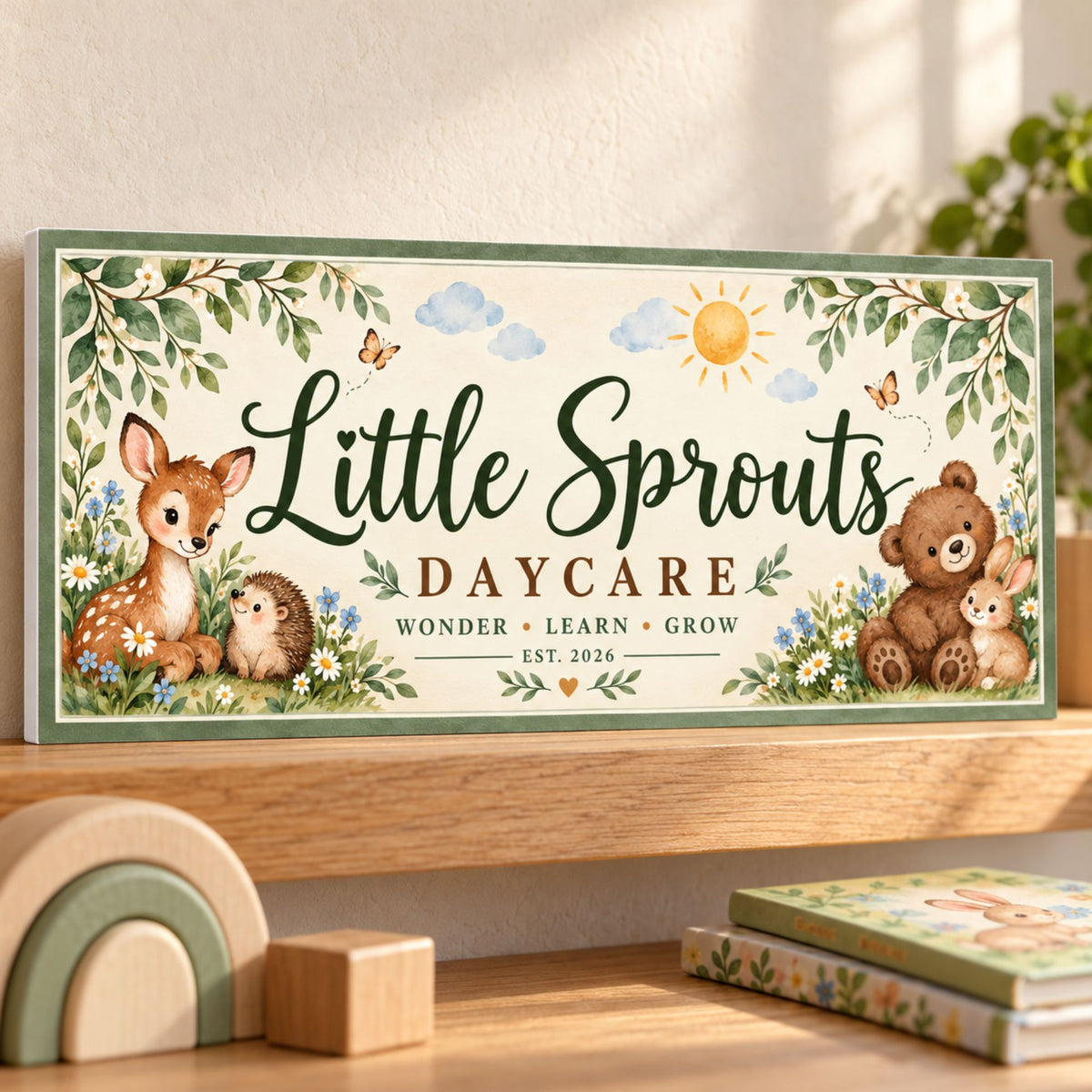 Personalized daycare sign resting on an oak shelf with a subtle white PVC edge, children’s books, and wooden toys.