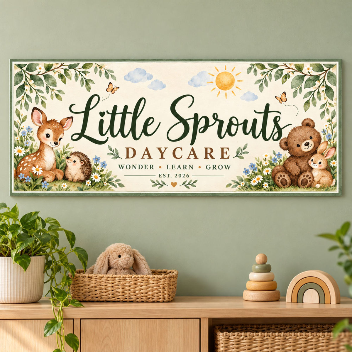 Custom daycare sign mounted on a sage wall above an oak cabinet with plants, wooden toys, and a wicker basket.