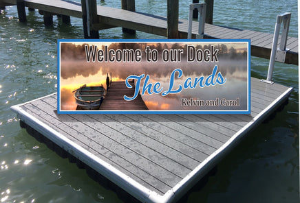 Personalized lake dock sign featuring a rowboat and dock photographic background with editable text. Perfect for adding a personal touch to your lakefront property.