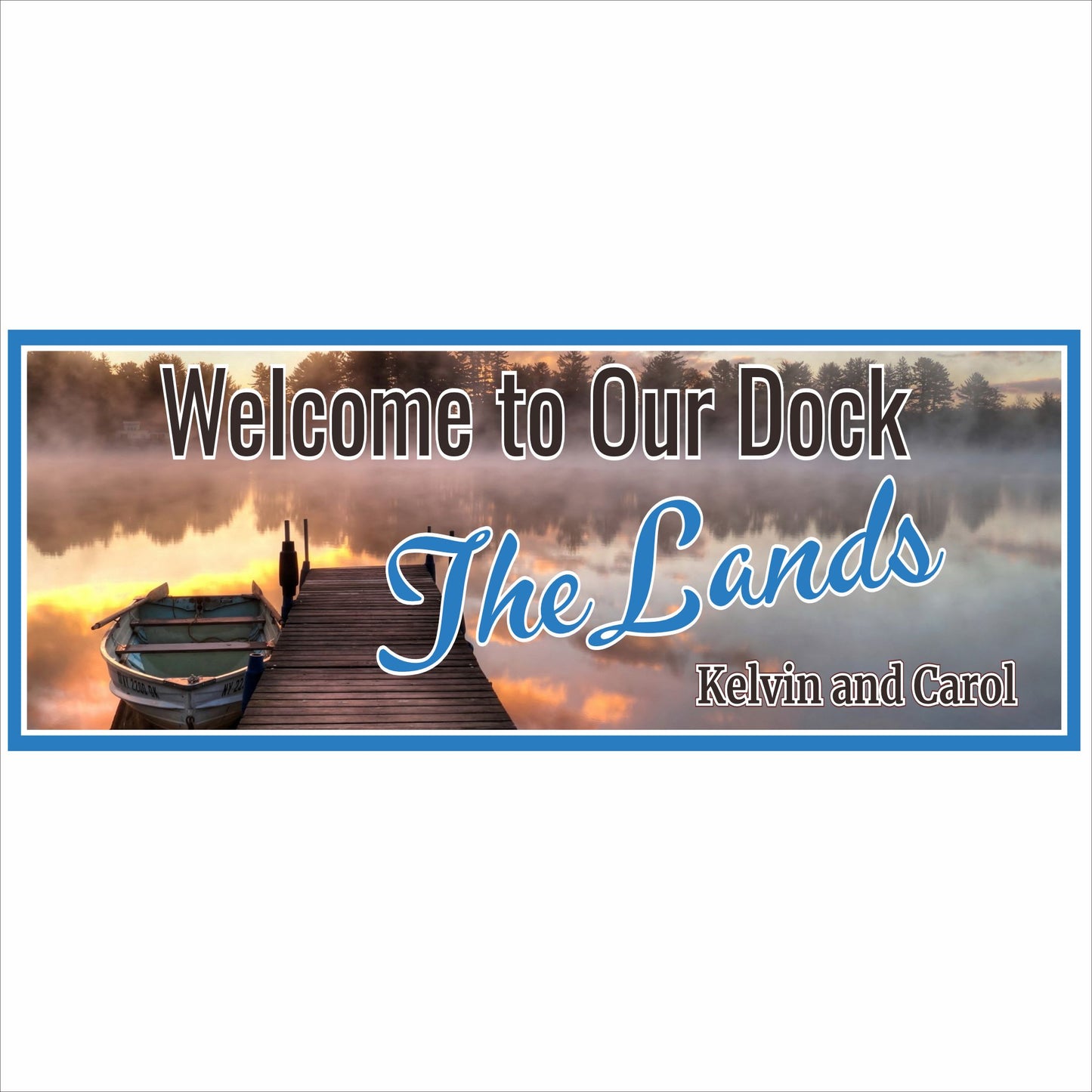 Personalized dock or pier welcome sign with sunset lake artwork and custom family name