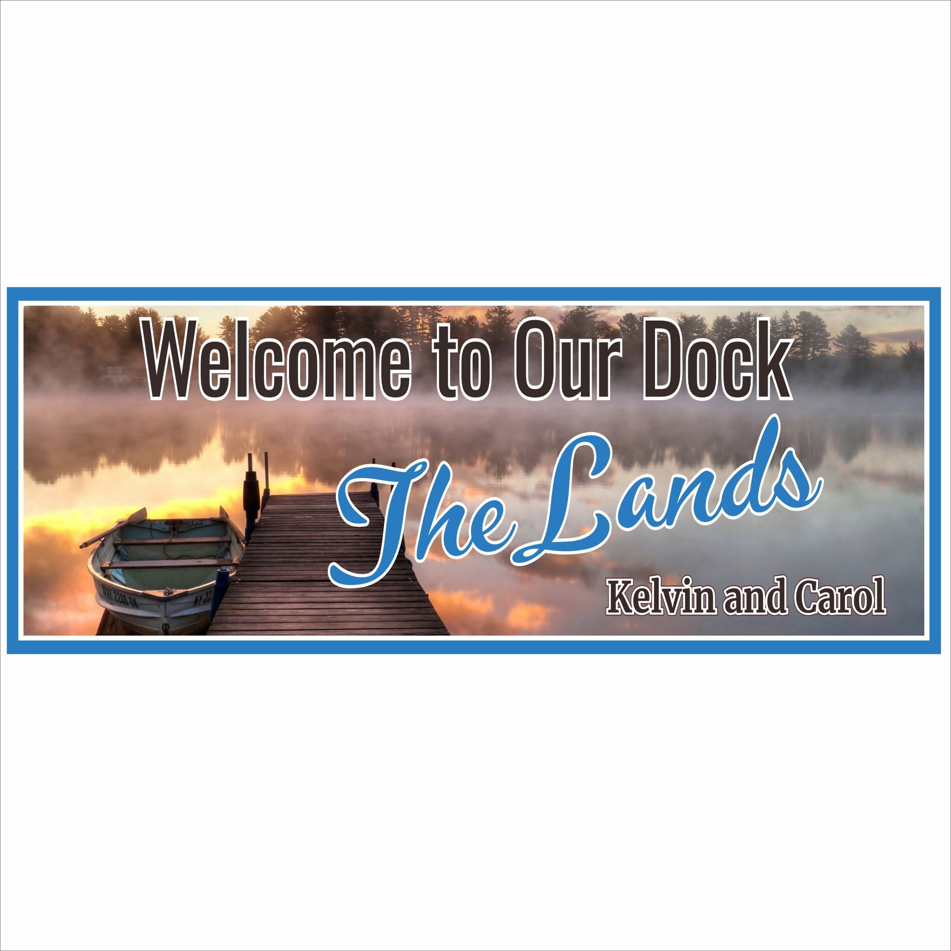 Personalized dock or pier welcome sign with sunset lake artwork and custom family name