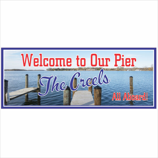 Personalized welcome to our pier sign with lake dock artwork