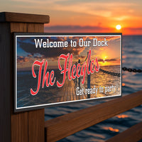Custom Boat Dock Sign with Photographic Sunset & Pier Background - Personalized Nautical Decor for Lakeside & Marina