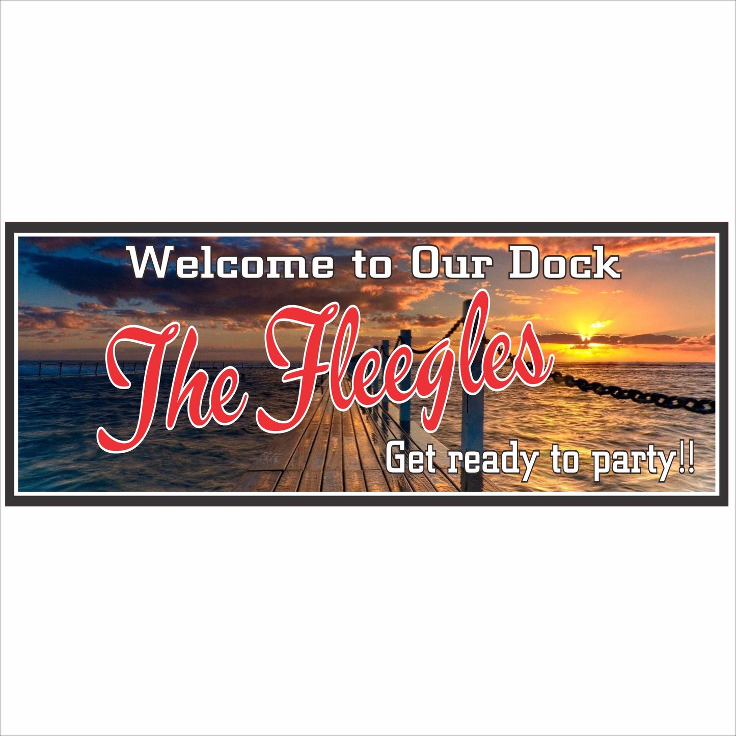 Personalized dock welcome sign with sunset pier design