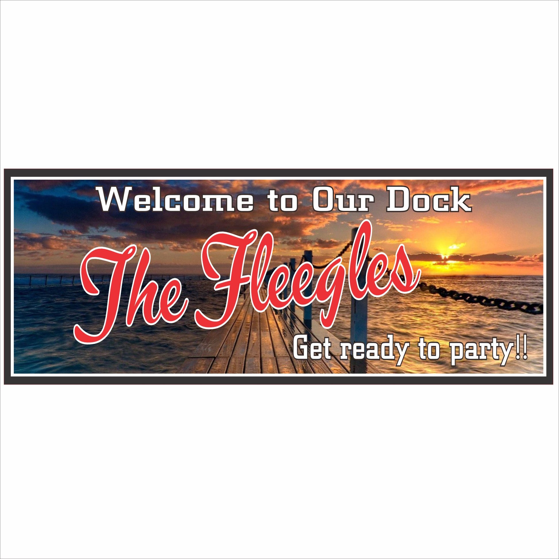 Personalized dock welcome sign with sunset pier design
