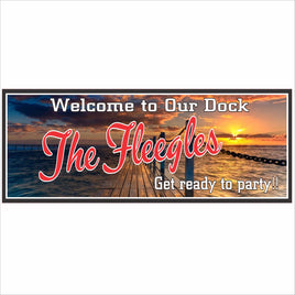 Personalized dock welcome sign with sunset pier design