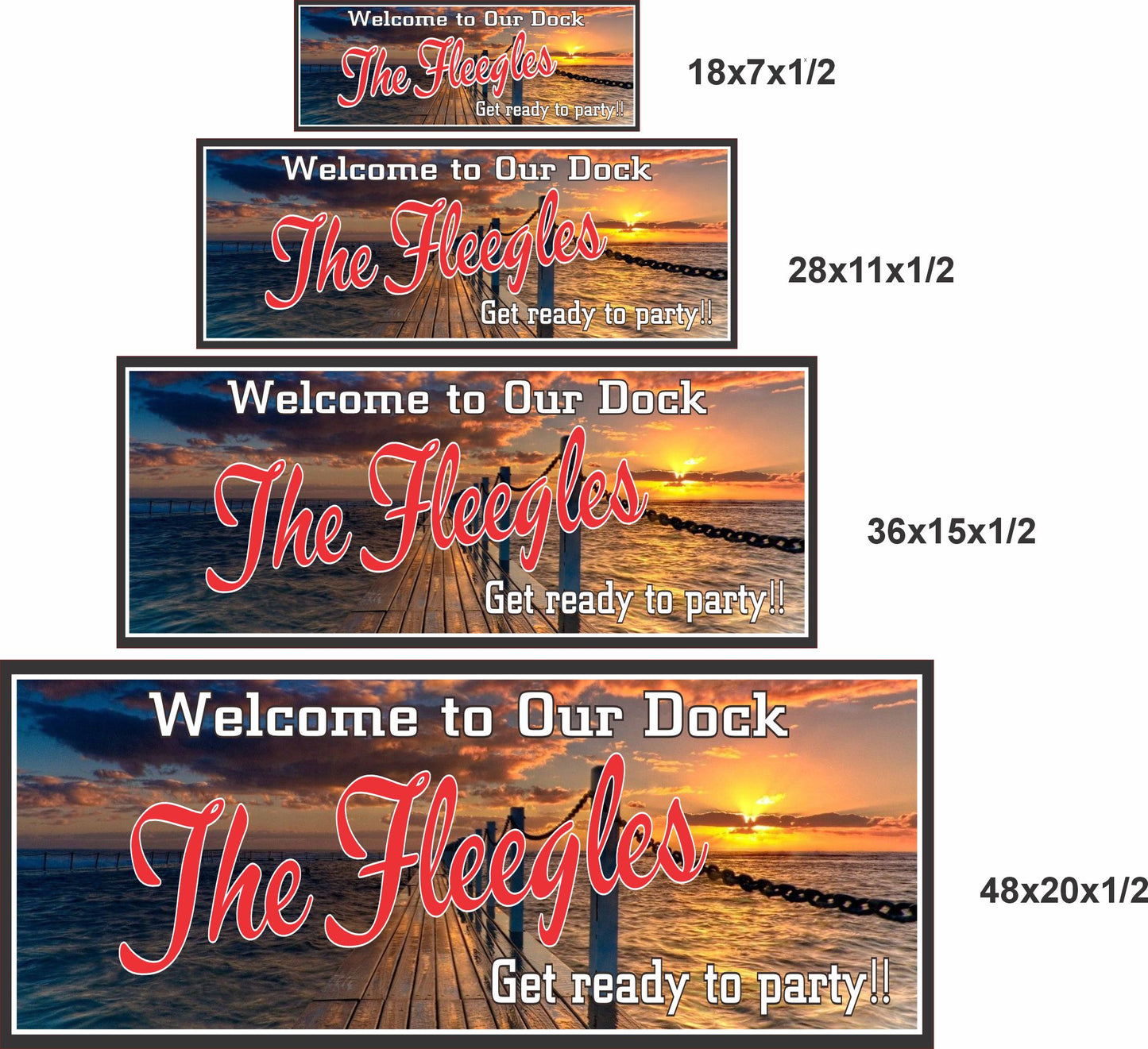 Personalized dock sign shown in four available sizes