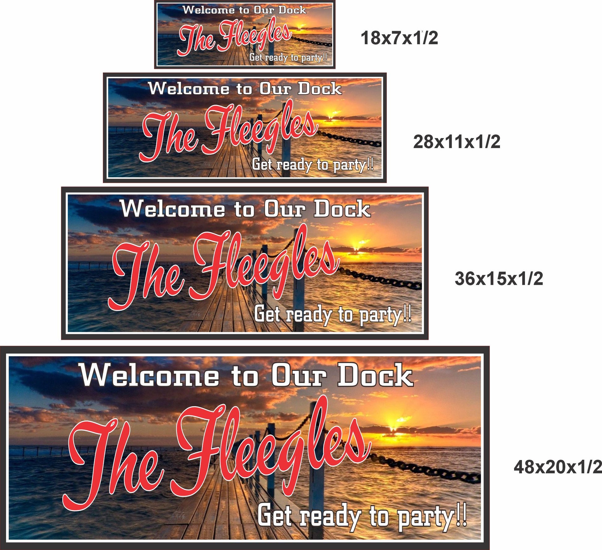 Personalized dock sign shown in four available sizes