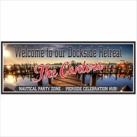Personalized dockside retreat sign with pier and waterfront sunset artwork