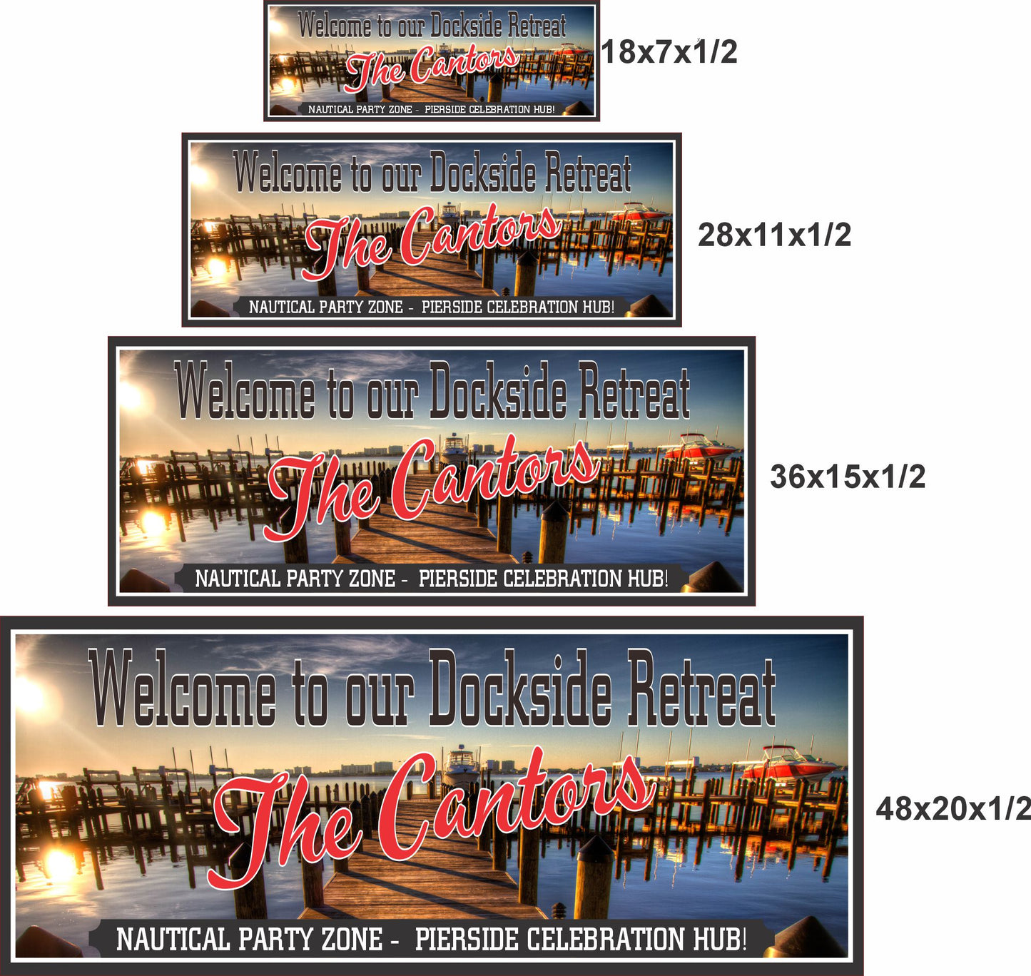 Personalized dock sign shown in four available sizes stacked together