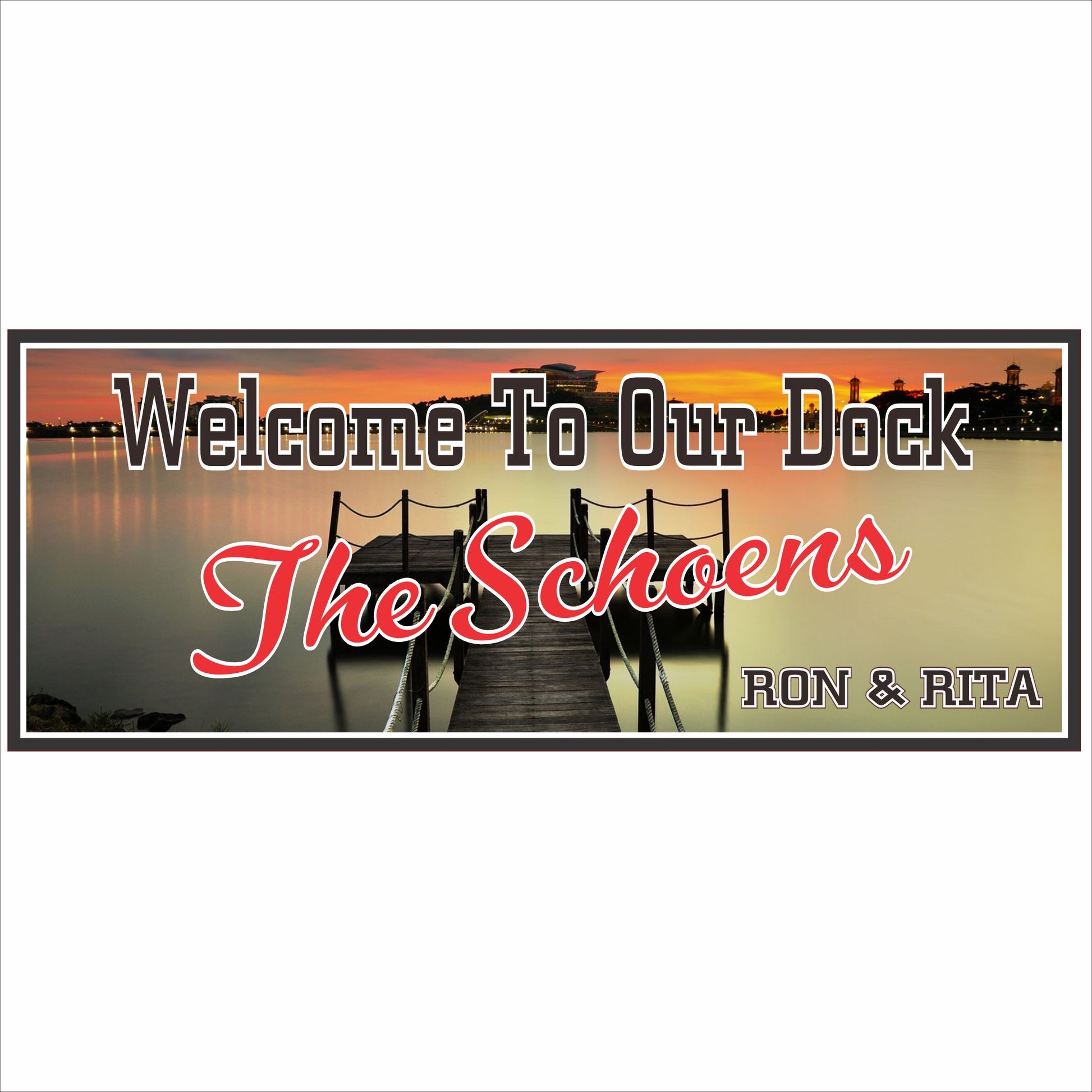 Personalized dock welcome sign with sunset pier artwork