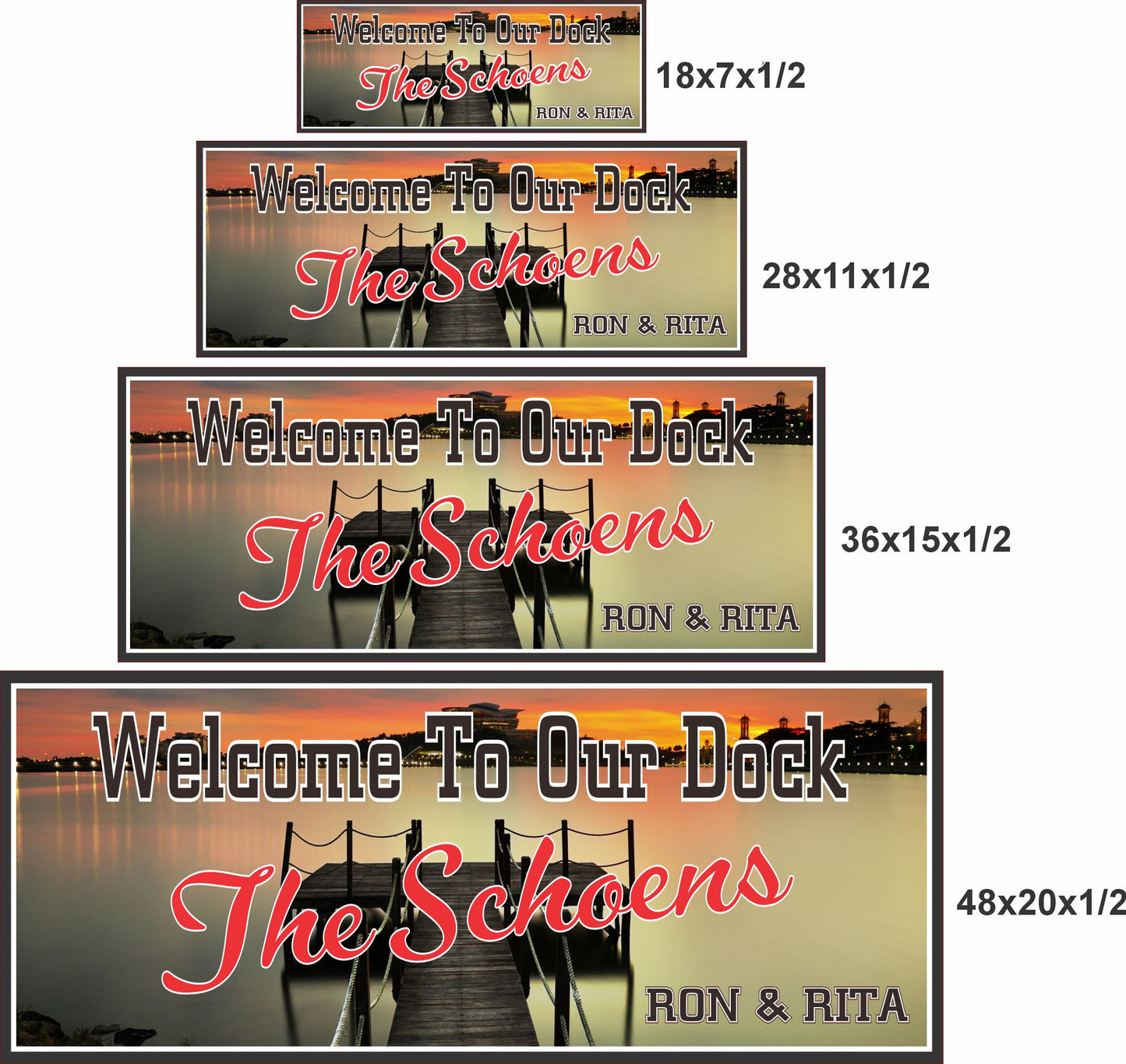 Personalized dock sign shown in four available sizes