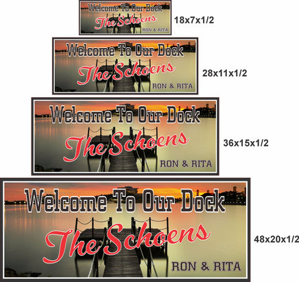 Personalized dock sign shown in four available sizes