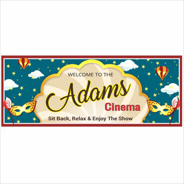 Personalized cinema wall sign with whimsical movie-theater artwork
