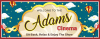 Personalized home cinema welcome sign with a starry sky background, clouds, colorful hot air balloons, open clamshell, and masquerade masks. All lines of text are editable for a custom retro look.