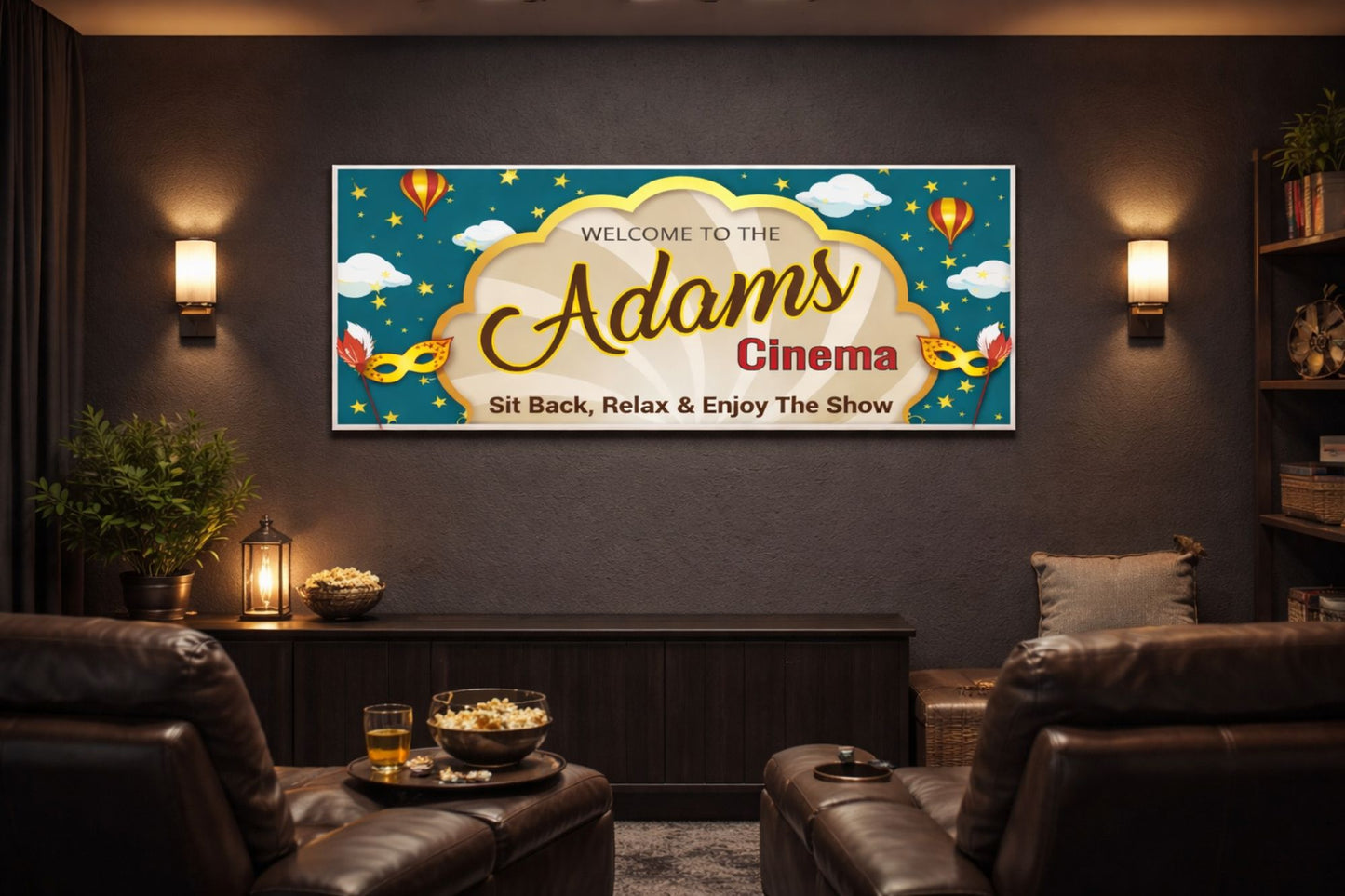 Cinema sign displayed in a cozy home theater on the wall