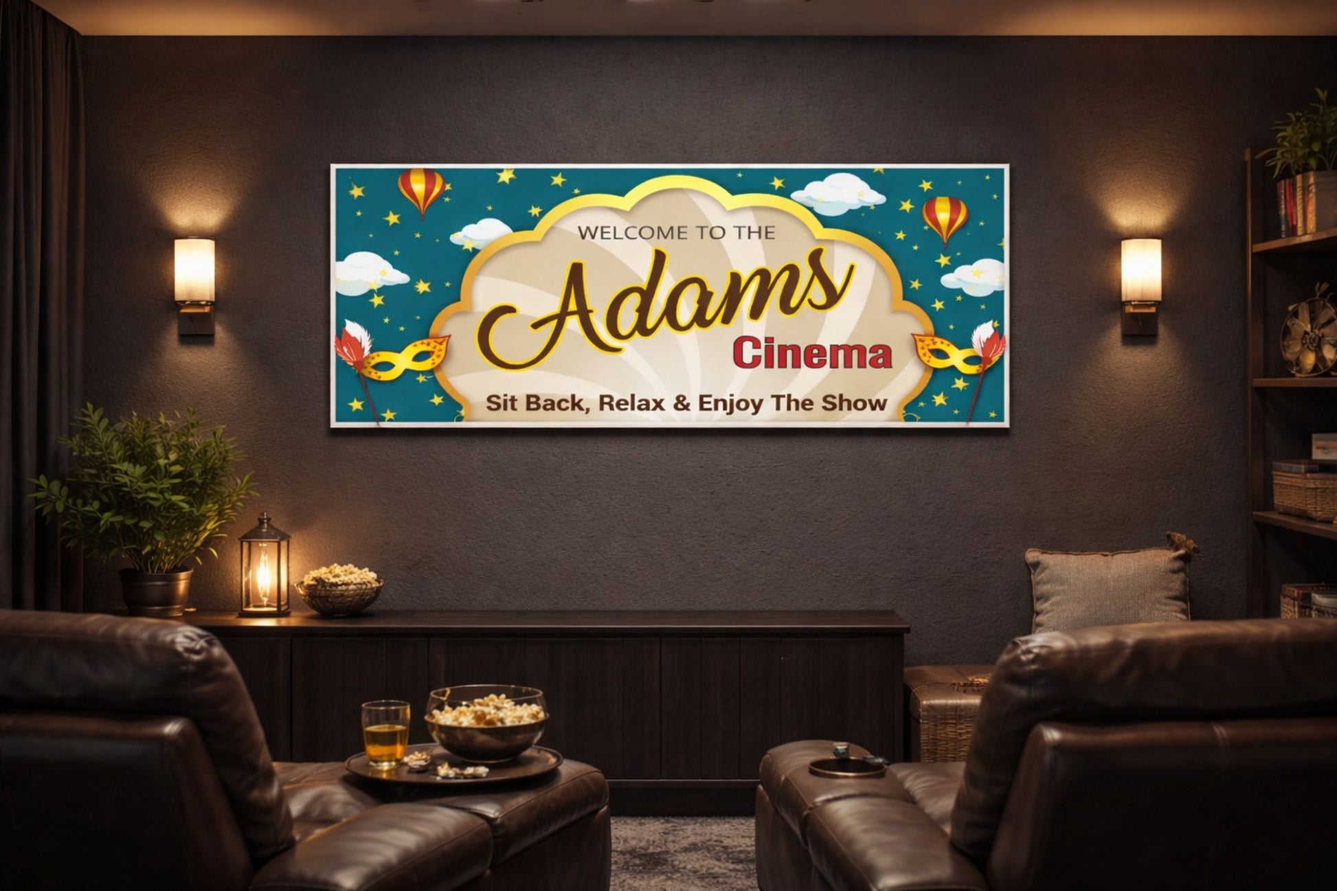 Cinema sign displayed in a cozy home theater on the wall