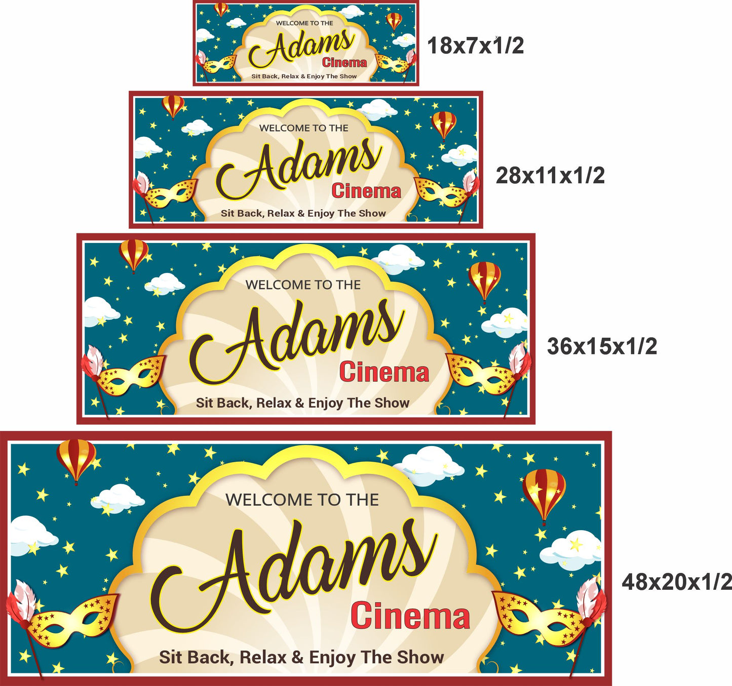 Personalized cinema sign shown in four available sizes stacked together
