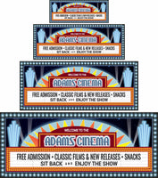 Personalized home cinema sign with a vintage movie theater marquee, featuring a flashbulb effect border and fully editable text lines. Sign does not light up. Perfect for home theaters, dens, or man caves.