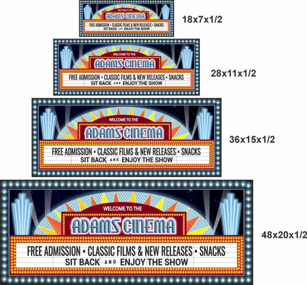 Four sizes of the same personalized cinema marquee wall sign displayed together to show scale, each with vintage theater lights and customizable text.