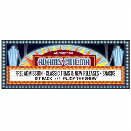 Close-up view of the printed marquee bulb design and movie-theater lettering on a personalized cinema wall sign. The lights are printed — the sign does not actually light up.