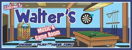 A colorful sign featuring the text 'MUSIC & BILLIARDS ROOM' with a retro jukebox design and a dartboard in the background, suggesting a fun and entertainment-themed decor.
