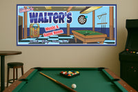 Decorative wall sign for a music and game room with pool table and arcade machine.