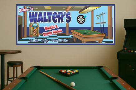 Decorative wall sign for a music and game room with pool table and arcade machine.