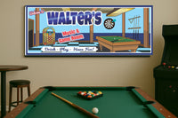 Game room sign displayed above a pool table on the wall