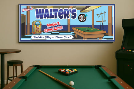 Game room sign displayed above a pool table on the wall