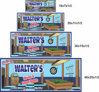 Four Music & Game Room signs shown in 18x7, 28x11, 36x15, and 48x20 inches for size reference